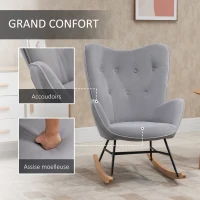 HOMCOM Fauteuil à Bascule, Rocking Chair, fauteuil allaitement confortable avec Structure en bois massif et métal pour Salon, Chambre, Balcon, Velours Gris clair(m-6)