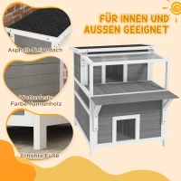 PawHut 2-stöckiges Katzenhaus mit Balkon, Wetterfeste Katzenhütte, Regen- und Sonnenschutz, für drinnen und draußen, Hellgrau(m-4)