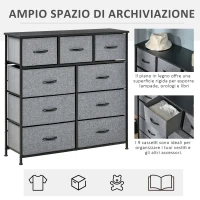 HOMCOM Cassettiera con 9 Cassetti in Tessuto Pieghevoli e Struttura in Acciaio e Legno, 100x30x100cm, Nero e Grigio(m-5)