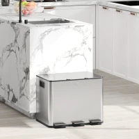 HOMCOM Papelera Cocina de Acero Inoxidable con 3 Compartimentos 3x10L con Pedales Tapas de Cierre Suave y Cubo Extraíble Plata(m-2)
