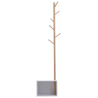 HOMCOM Garderobenständer Kleiderhaken Garderobe mit Sitzbank Stauraum Baum-Design Zweige 6 Haken Bambus Weiß Natur 40 x 30 x 180 cm(m-7)