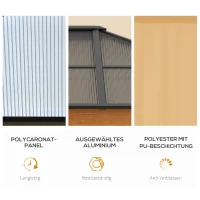 Outsunny Pavillon, Dach aus Polycarbonat, 4 Seitenwände und Fliegennetze, Stahlrahmen, khaki, 3 x 3,60 x 2,70 m(m-5)