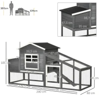 PawHut Gallinero de Madera Exterior Jaula para 2-4 Gallinas con Corral de Alambre Techos Asfálticos Nido Bandeja Extraíble y Rampa 200x80x105 cm Gris(m-3)