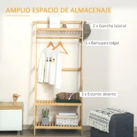 HOMCOM Perchero de Pie de Bambú Perchero Trapezoidal con Estantería de 3 Niveles con Barra y Colgador Lateral para Ropa Bolsas para Pared Dormitorio 70x42x164 cm Natural(m-4)