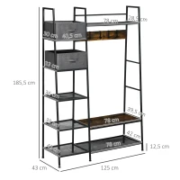 HOMCOM Garderobenständer im Industrie-Design, 8 Regalböden, 5 Kleiderhaken, 1 Schuhbank, 2 Schubladen, Grau + Braun(m-3)