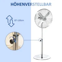 HOMCOM 120 cm Standventilator, Ventilator, Höhenverstellbarer Lüfter, 3 Geschwindigkeitsstufen, Verstellbarer Neigungswinkel, Stahl, Silber(m-5)