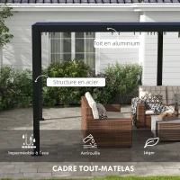 Outsunny Pergola 3 x 6 m  pergola d'extérieur tonnelle avec persiennes manivelle, toit réglable en aluminium crochets gris foncé(m-5)