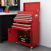 HOMCOM Portable Tool Box, Metal Tool Chest on Wheels with 6 Drawers for Garage and Workshop, Red(m-8)