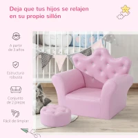 HOMCOM Sofá para Niños con Reposapiés Sillón Infantil Decorativo con Respaldo Alto en Forma de Corona y Reposabrazos Acolchado 58x40,5x49 cm Rosa(m-4)