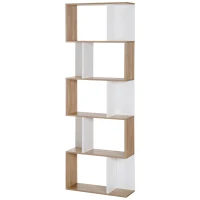 HOMCOM Estantería en Forma de S Alta con 5 Estantes Diseño Moderno para Salón Oficina 60x24x184,5cm Blanco y Madera(m-10)