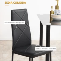 HOMCOM Set Tavolo da Pranzo con 4 Sedie, Piano in Vetro e Sedie Imbottite in Finta Pelle, Nero(m-5)