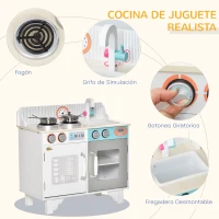 HOMCOM Cocina de Juguete de Madera para Niños de +3 Años Cocinita Infantil con 5 Accesorios Armarios de Almacenaje Estufa Grifo y Fregadero Extraíble 57x28x55 cm Blanco(m-5)