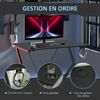 HOMCOM Bureau Gaming Table Bureau pour Ordinateur de Jeu avec Crochet et Porte-Gobelet Patins Réglables 120 x 60 x 75 cm Noir et Rouge(m-6)