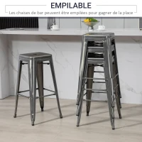 HOMCOM Lot de 4 tabourets de bar industriel empilables hauteur assise 76 cm métal argent(m-6)