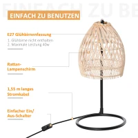 HOMCOM Tischleuchte im Boho-Stil, 1,5 m langes Kabel, Lampenschirm aus Rattan, 20 cm x 20 cm x 41 cm, Schwarz + Natur(m-6)