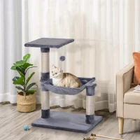 PawHut Tiragraffi per Gatti Multilivello con Amaca e Pallina, Legno e Peluche, 50x36x70cm, Grigio(m-2)