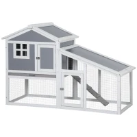 PawHut Two-Tier Rabbit Hutch, with Sunlight Panel Roof, Slide-Out Tray - Grey(m-11)