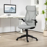 HOMCOM Silla de Oficina Giratoria con Altura Ajustable Reposabrazos Abatibles y Función de Basculante Carga 120 kg Gris Claro(m-2)