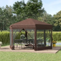 Outsunny 3.5m x 4m Hexagonal Pop Up Gazebo, Canopy Tent Sun Shelter for Patio Outdoor Party, Height Adjustable, with Mosquito Netting and Carry Bag - Brown(m-10)