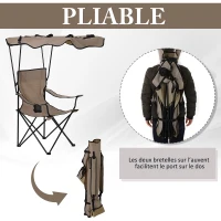 HOMCOM Chaise de Camping Pliable Grand Confort Pare-Soleil + Porte-gobelets intégrés, possibilité d'être portée en Sac à Dos Marron Noir(m-5)