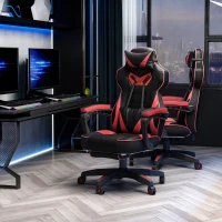 Vinsetto Ergonomischer Bürostuhl, Gaming Stuhl, Drehstuhl mit einziehbare Fußstütze und verstellbarer Rücken Schaumstoff+PU-Leder+Metall, Schwarz+Rot, 65 x 70 x 118,5-128,5 cm(m-2)