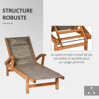 Outsunny Bain de soleil transat en bois avec dossier inclinable 4 positions et appui-tête - pin - dim. 194L x 70l x 32H cm - marron(m-4)