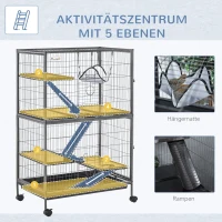 PawHut Kleintierkäfig mit Hängematten Nagervoliere mit Rollen 4 stöckig Käfig XXL geeignet für Hamster Kleintiere Meerschweinchen Metall Kunststoff Silber+Grau 80 x 52 x128 cm(m-6)