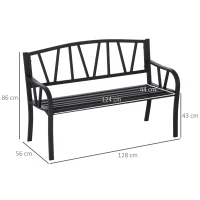 Outsunny Panchina da Giardino in Metallo Nero Impermeabile, Panca da Esterno in Ferro 2 Posti, 128x56x86cm(m-3)
