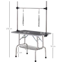 PawHut Mesa de Peluquería para Mascotas Mesa de Aseo Plegable con Estante de Almacenamiento Altura Ajustable 20-80 cm 107x60x170 cm Negro(m-3)
