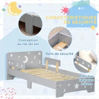 ZONEKIZ Lit pour enfants de 3 à 6 ans design étoiles et lune sommier à lattes inclus chambre moderne 143 x 76 x 49 cm gris(m-5)