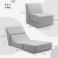 HOMCOM Poltrona Moderna da Pavimento Convertibile in Chaise Longue in Tessuto, Grigio Chiaro(m-3)