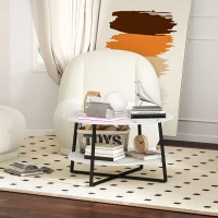 HOMCOM 2-Tier Round Coffee Table with Storage Shelf, Living Room Table with Marble Effect Top and Steel Frame, White(m-7)