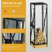 Outsunny Estante de Leña Metálico Leñero de Exterior con Ganchos Pala Cepillo Atizador y Tenazas Carga 65 kg 34x34x111 cm Negro(m-6)