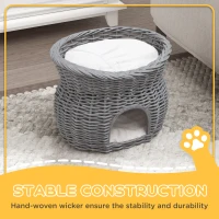 PawHut 2-Tier Wicker Cat House Elevated Pet Bed Basket Willow Kitten Tower Pet Den. with Washable Cushions 56x37x40cm Grey(m-4)