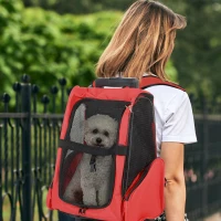 PawHut Sac de transport à roulettes pour chien 2 en 1 trolley chariot sac à dos pour chien chat avec poignée téléscopique, sacs de rangement, aérations, attache de sécurité, 42 x 25 x 55 cm, rouge(m-2)
