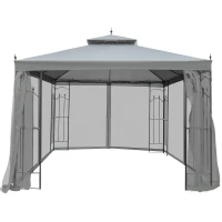 Outsunny 3(M)x3(M) Garden Gazebo Double Top Outdoor Canopy Patio Event Party Wedding Tent Backyard Sun Shade with Netting - Grey(m-19)