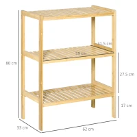 HOMCOM Scaffale Multiuso a 3 Ripiani Salvaspazio in Bambù, Mensola per Bagno, Salotto e Cucina, Facile da Montare, 62x33x80cm, Colore Naturale(m-3)