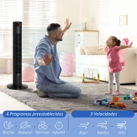 HOMCOM Ventilador de Torre Silencioso Bajo Consumo 96 cm 45W con Mando a Distancia 3 Velocidades 4 Modos Oscilación de 70° Pantalla LED Táctil Temporizador 12h y Asa de Transporte Negro(m-5)