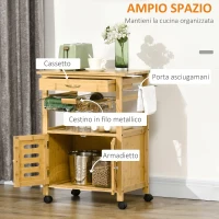 HOMCOM Carrello da Cucina con Cassetto, Armadietto e Cestino Estraibile in Legno con Ruote Girevoli, 66x36x79cm(m-4)