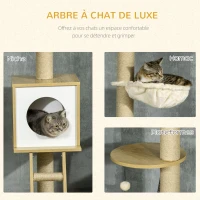 PawHut Arbre à chat sol au plafond hauteur réglable 225-285 cm avec poteau à gratter 4 niveaux niche hamac échelle jeux beige(m-4)