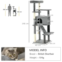 PawHut Cat Tree Tower for Indoor Cats, with Scratching Post, Cat House, Toy, Grey(m-3)
