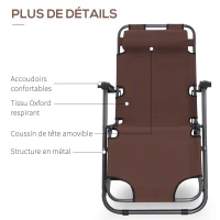 Outsunny Chaise Longue inclinable transat Bain de Soleil fauteuil relax jardin 2 en 1 Pliant têtière Amovible Charge Max. 136 Kg Toile Oxford Facile d'entretien Marron(m-5)