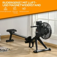 HOMCOM Rudergerät mit 16 Widerstandsstufen einklappbar rollbar 225 x 55 x 88cm Stahl Schwarz(m-4)
