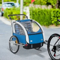 HOMCOM 2 Seat Bike Trailer with 5 Point Harness, Baby Bike Stroller with Safety Flag, Reflectors, for 18+ Months, Blue(m-10)