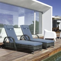 Outsunny 2PC Rattan Sun Lounger Recliner Bed Reclining Chair Patio Garden Outdoor Wicker Weave Adjustable Headrest with Fire Retardant Cushion – Grey(m-2)