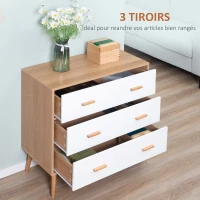 HOMCOM Commode Design scandinave sur Pieds 3 tiroirs coulissants Pieds effilés inclinés Panneaux Particules Blanc Aspect Bois Clair(m-4)
