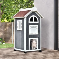 PawHut Wooden Cat House, Weatherproof Pet Shelter, Outdoor Cat Condos Cave, 2 Floor Furniture, Grey and White(m-2)