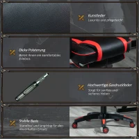 Vinsetto Gaming-Stuhl Bürostuhl Drehstuhl Chefsessel mit Fußstütze Rückenlehne Kissen verstellbar Kunstleder Rot+Schwarz 65x64x114-123,5 cm(m-7)