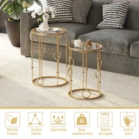 HOMCOM Set 2 Pezzi Tavolini da Caffè Design Elegante con Motivi a Cerchio, Metallo e Vetro Temperato Φ41x57cm & Φ36x51cm, Oro(m-4)