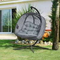 Outsunny Double Hanging Egg Chair 2 Seaters Texteline Swing Hammock Chair with Stand, Cushion and Folding Design, for Indoor and Outdoor, Grey(m-2)